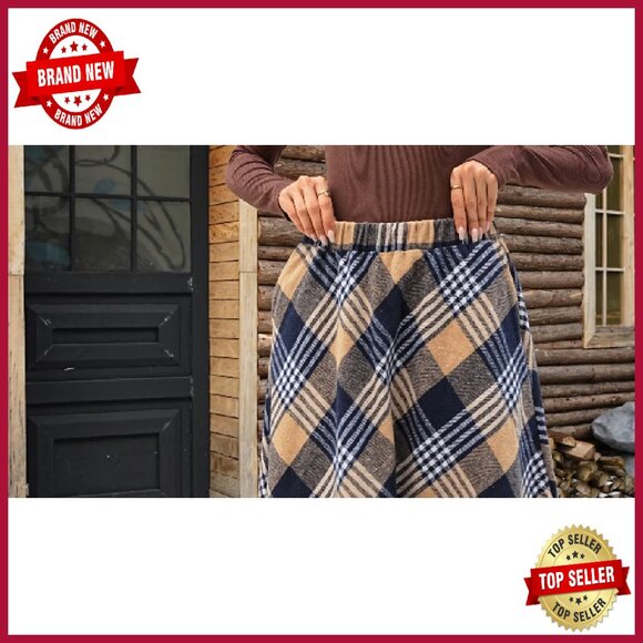 Women's Long Plaid Wool Skirt High Waisted A-Line Pleated with Pockets - Picture 7 of 8